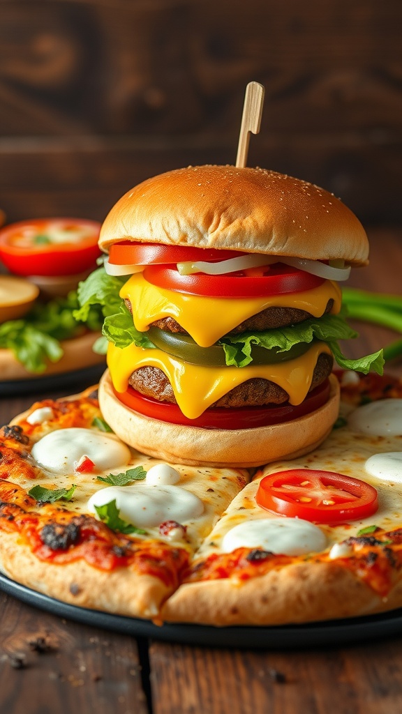 A delicious cheeseburger with fresh toppings next to a cheesy homemade pizza on a wooden table.